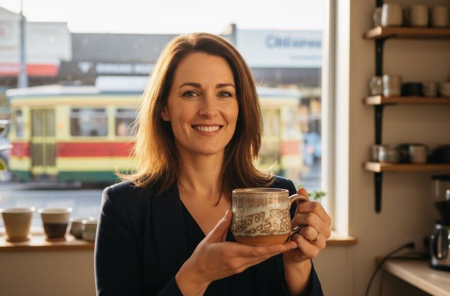 A dynamic, cinematic shot of a passionate entrepreneur in Huntingdale, Victoria, presenting their eco-friendly product with a beaming smile, showcasing the success of Huntingdale business branding photography Victoria, with the vibrant local community in the background, professional colour grading, dramatic lighting.