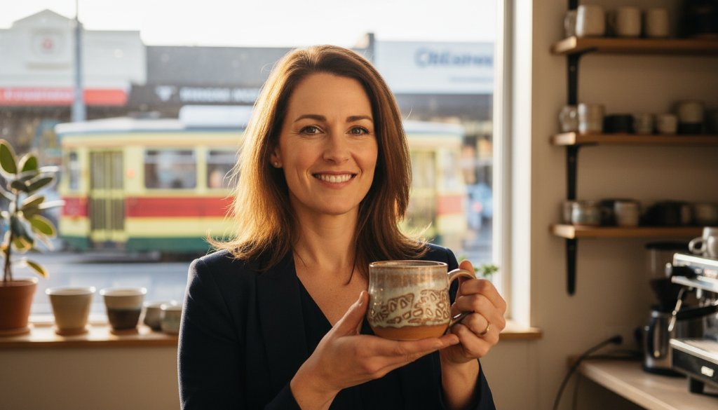A dynamic, cinematic shot of a passionate entrepreneur in Huntingdale, Victoria, presenting their eco-friendly product with a beaming smile, showcasing the success of Huntingdale business branding photography Victoria, with the vibrant local community in the background, professional colour grading, dramatic lighting.