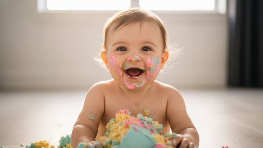 A joyful baby covered in cake, laughing amidst vibrant balloons and soft lighting, captured during a professional Huntingdale first birthday cake smash photography session, depicting an epic moment of pure delight.