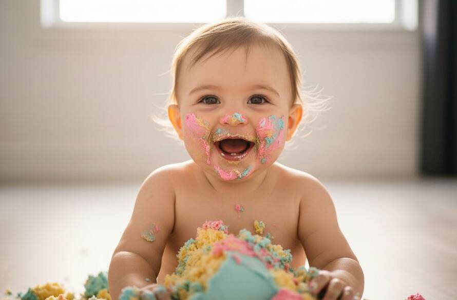 A joyful baby covered in cake, laughing amidst vibrant balloons and soft lighting, captured during a professional Huntingdale first birthday cake smash photography session, depicting an epic moment of pure delight.