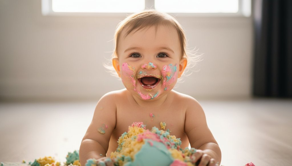 A joyful baby covered in cake, laughing amidst vibrant balloons and soft lighting, captured during a professional Huntingdale first birthday cake smash photography session, depicting an epic moment of pure delight.