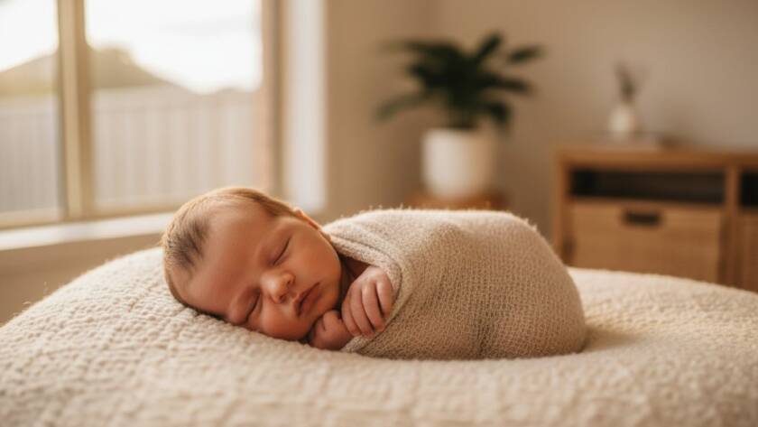 A tender, close-up photograph showcasing the serene face of a sleeping newborn baby, swaddled in soft, earthy-toned fabric, bathed in warm, gentle window light. This beautiful Huntingdale newborn photography capturing fleeting moments captures a delicate yawn, emphasizing innocence and peace, professionally color-graded with a soft, dreamy focus.