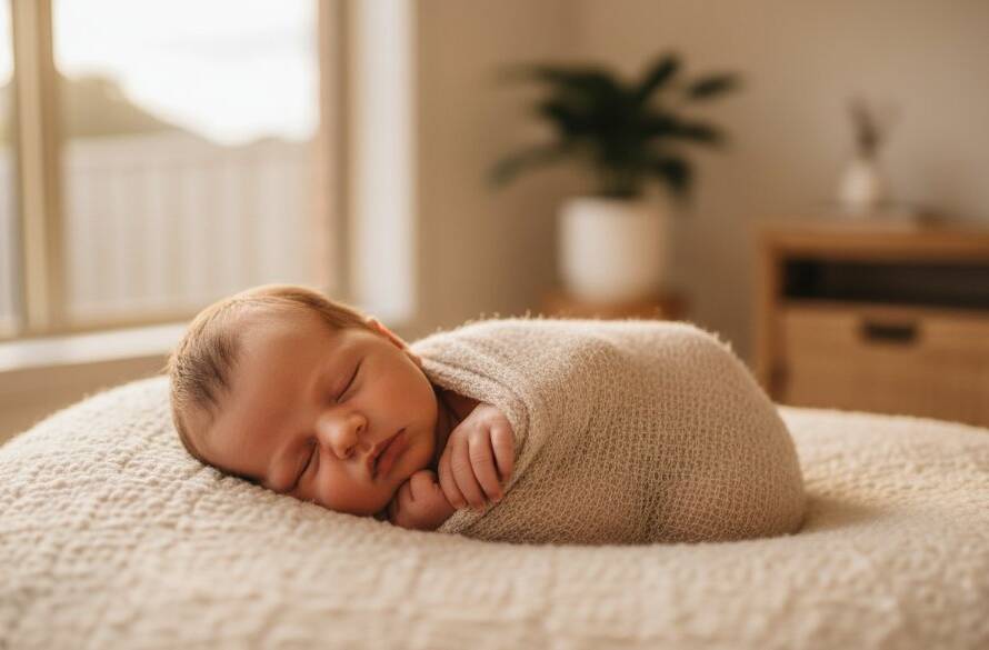 A tender, close-up photograph showcasing the serene face of a sleeping newborn baby, swaddled in soft, earthy-toned fabric, bathed in warm, gentle window light. This beautiful Huntingdale newborn photography capturing fleeting moments captures a delicate yawn, emphasizing innocence and peace, professionally color-graded with a soft, dreamy focus.