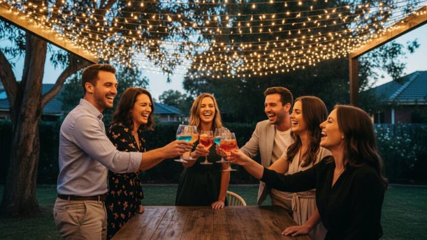 A vibrant, candid wide-angle shot of friends laughing and toasting at a lively outdoor evening party in Huntingdale, capturing authentic joy under string lights, professionally lit, embodying Huntingdale party photography capturing authentic joy.