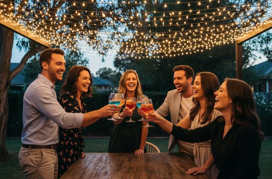 A vibrant, candid wide-angle shot of friends laughing and toasting at a lively outdoor evening party in Huntingdale, capturing authentic joy under string lights, professionally lit, embodying Huntingdale party photography capturing authentic joy.