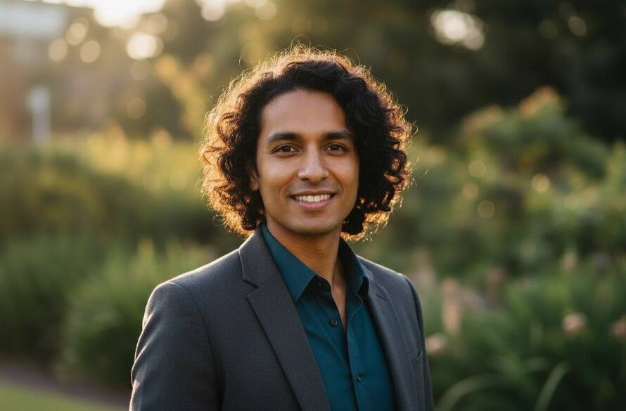 A striking close-up professional portrait demonstrating Huntingdale professional headshots for career growth, featuring a confident subject against a soft, sun-dappled urban backdrop, captured with dramatic lighting and professional color grading.