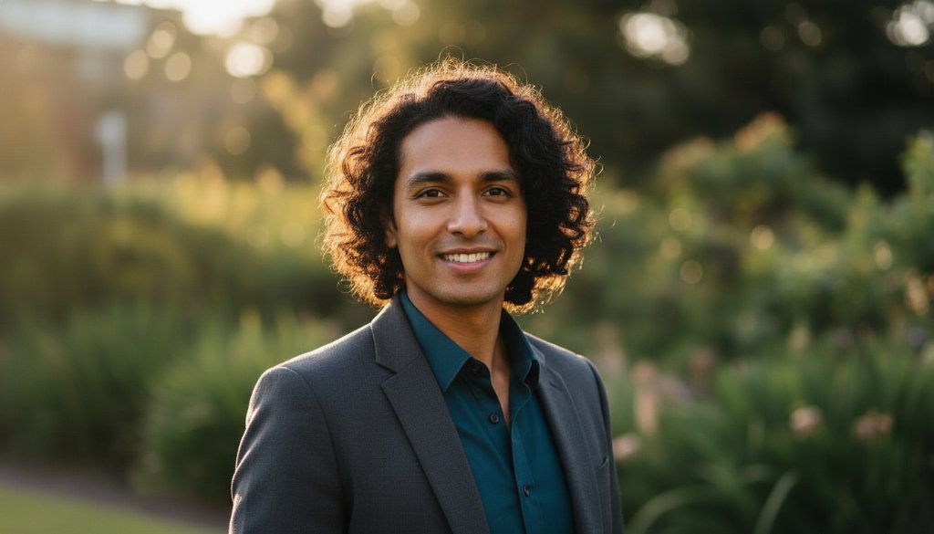 A striking close-up professional portrait demonstrating Huntingdale professional headshots for career growth, featuring a confident subject against a soft, sun-dappled urban backdrop, captured with dramatic lighting and professional color grading.