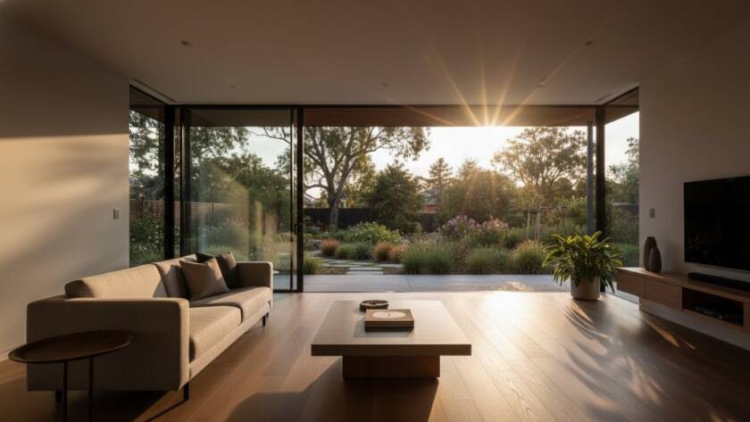 An award-winning wide-angle shot of a contemporary, light-filled living area in a modern Huntingdale home, showcasing the impact of Huntingdale real estate photography for premium property marketing, with golden hour light streaming through large windows, creating a warm and inviting atmosphere.