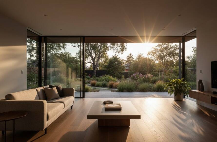 An award-winning wide-angle shot of a contemporary, light-filled living area in a modern Huntingdale home, showcasing the impact of Huntingdale real estate photography for premium property marketing, with golden hour light streaming through large windows, creating a warm and inviting atmosphere.