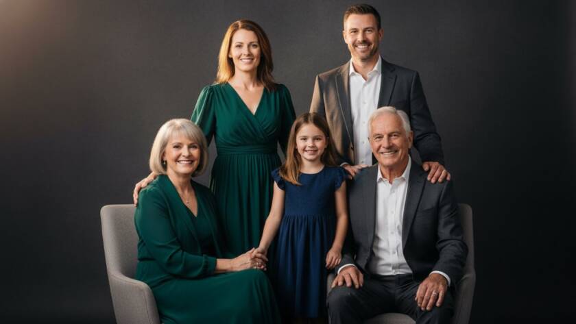 A stunning, dramatic studio portrait capturing an emotional family milestone in Huntingdale, showcasing the power of professional studio lighting and composition for memorable milestones.