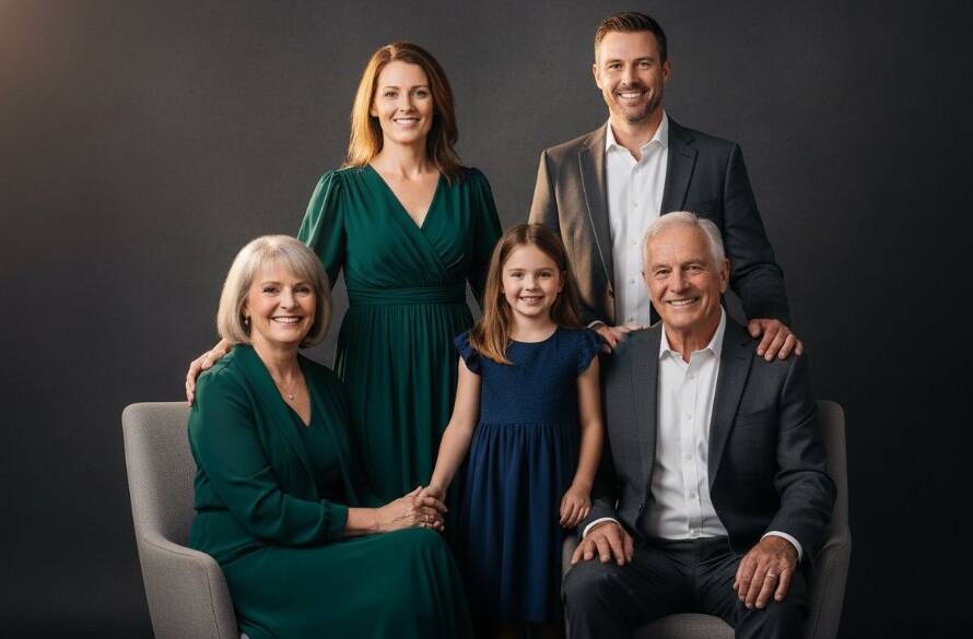 A stunning, dramatic studio portrait capturing an emotional family milestone in Huntingdale, showcasing the power of professional studio lighting and composition for memorable milestones.