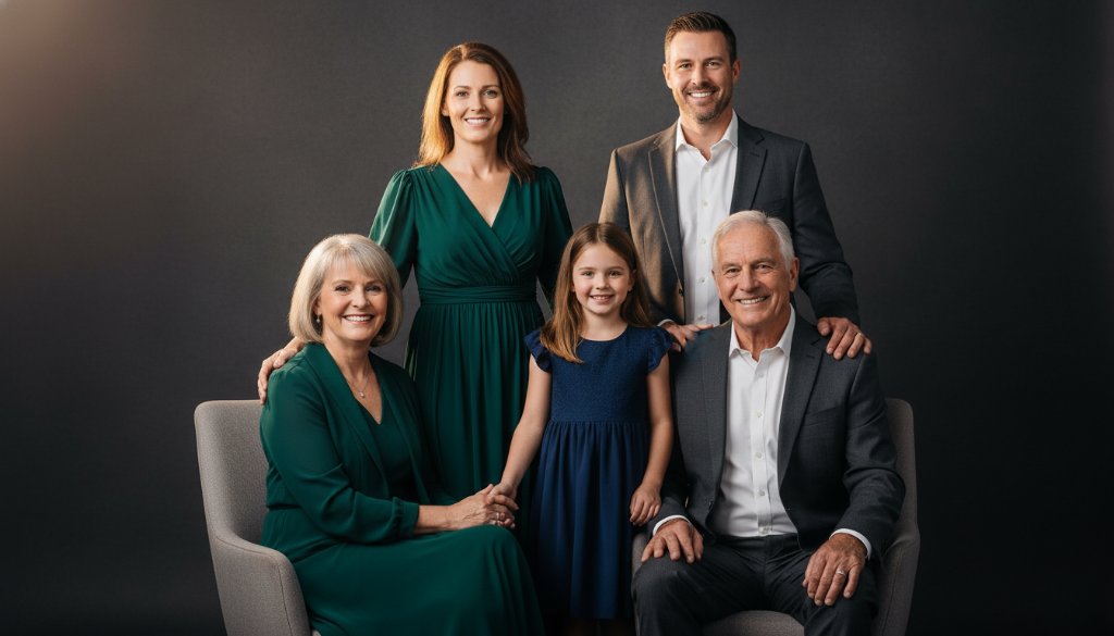A stunning, dramatic studio portrait capturing an emotional family milestone in Huntingdale, showcasing the power of professional studio lighting and composition for memorable milestones.