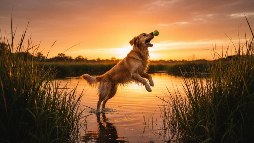 An energetic golden retriever mid-leap, fetching a frisbee in the golden hour light at Huntingdale Wetlands, expertly captured by a Huntingdale Victoria pet photographer capturing joyful moments. The dog's fur glows against the lush green background, with dynamic motion blur creating a sense of exhilaration.