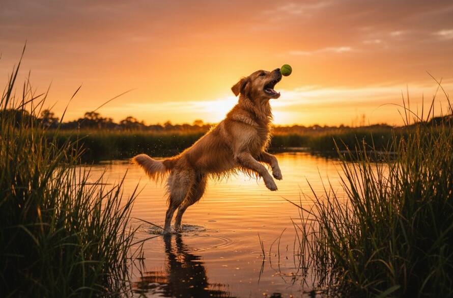 An energetic golden retriever mid-leap, fetching a frisbee in the golden hour light at Huntingdale Wetlands, expertly captured by a Huntingdale Victoria pet photographer capturing joyful moments. The dog's fur glows against the lush green background, with dynamic motion blur creating a sense of exhilaration.