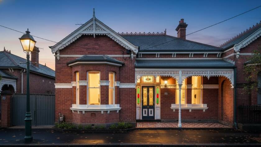 Dramatic wide shot of a beautifully preserved Huntingdale Victorian architecture photography excellence building at twilight, with warm interior lights glowing, highlighting intricate iron lacework and bay windows, under a dusky sky, capturing its timeless elegance.
