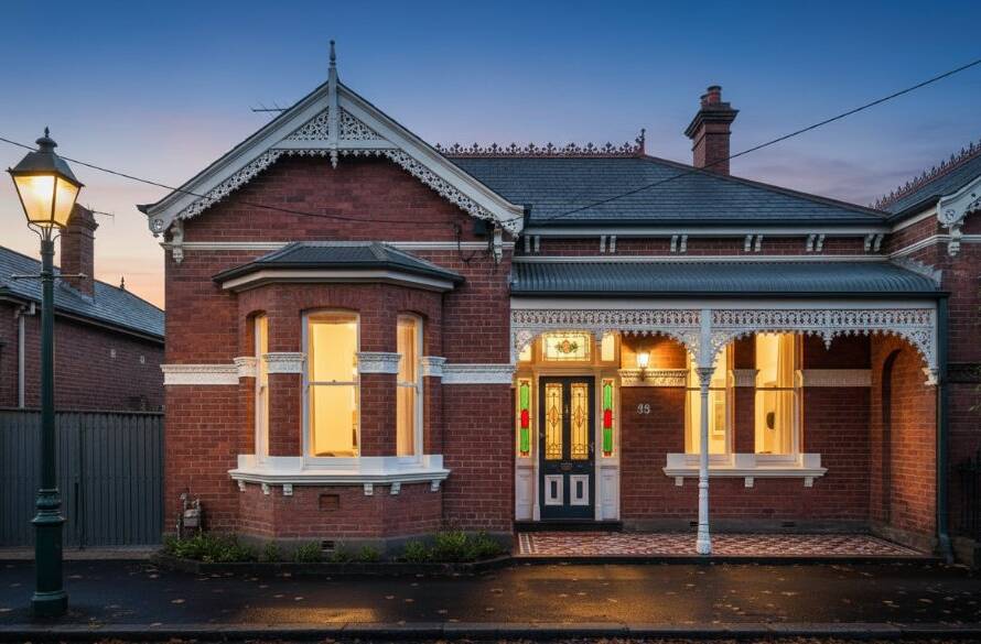 Dramatic wide shot of a beautifully preserved Huntingdale Victorian architecture photography excellence building at twilight, with warm interior lights glowing, highlighting intricate iron lacework and bay windows, under a dusky sky, capturing its timeless elegance.