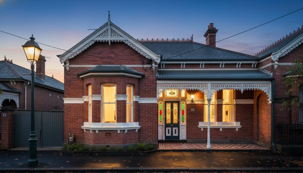 Dramatic wide shot of a beautifully preserved Huntingdale Victorian architecture photography excellence building at twilight, with warm interior lights glowing, highlighting intricate iron lacework and bay windows, under a dusky sky, capturing its timeless elegance.