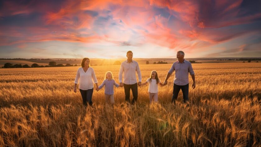 An epic moment in Huntly family photography capturing authentic countryside joy: a family silhouetted against a golden sunset over rural fields, laughing and embracing, professionally composed with dramatic warm light.
