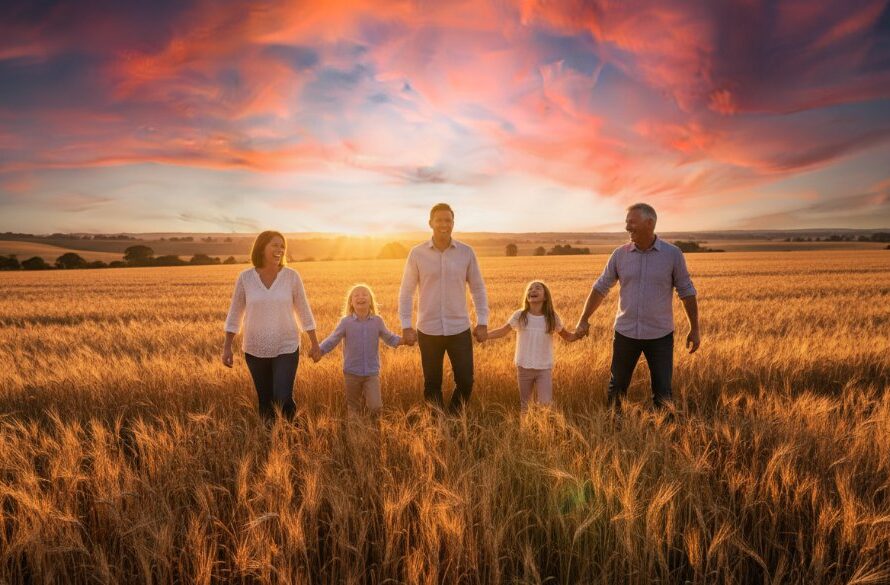 An epic moment in Huntly family photography capturing authentic countryside joy: a family silhouetted against a golden sunset over rural fields, laughing and embracing, professionally composed with dramatic warm light.