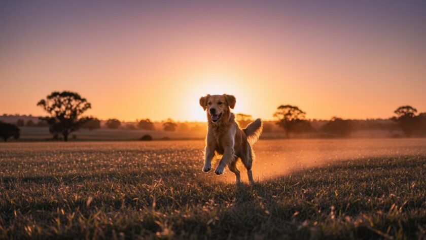 An epic moment of a golden retriever joyfully leaping through tall, sun-drenched grass in a rural Huntly field, expertly captured through Huntly pet photography capturing joyful animal moments, with golden hour light silhouetting its powerful form against a vibrant sunset.