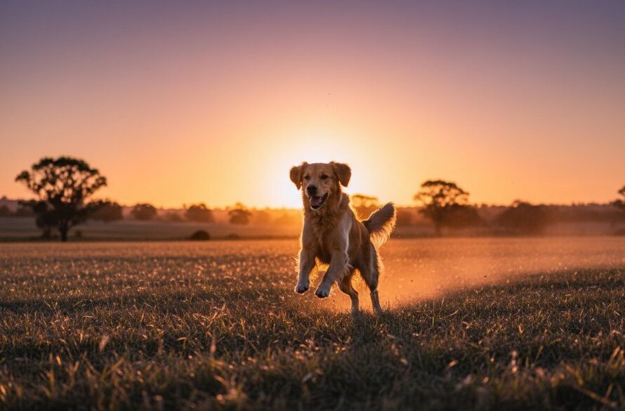An epic moment of a golden retriever joyfully leaping through tall, sun-drenched grass in a rural Huntly field, expertly captured through Huntly pet photography capturing joyful animal moments, with golden hour light silhouetting its powerful form against a vibrant sunset.