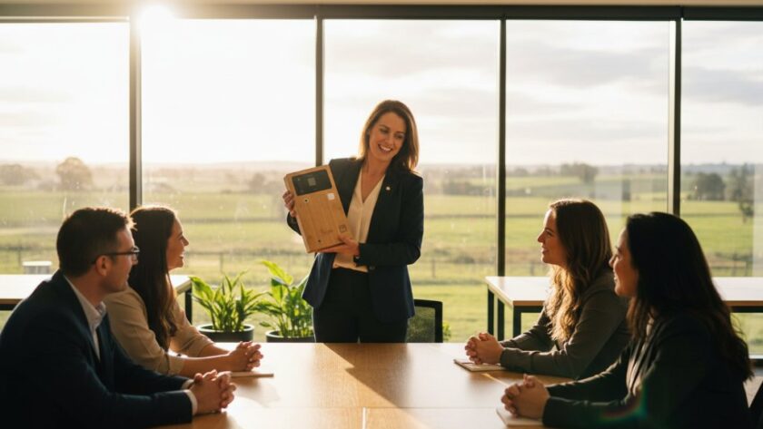 A dynamic, high-angle shot capturing Huntly Victoria bespoke corporate photography in action: a professional female entrepreneur confidently presenting her innovative product in a modern, sunlit office space, evoking trust and success, expertly lit for an epic cinematic feel.