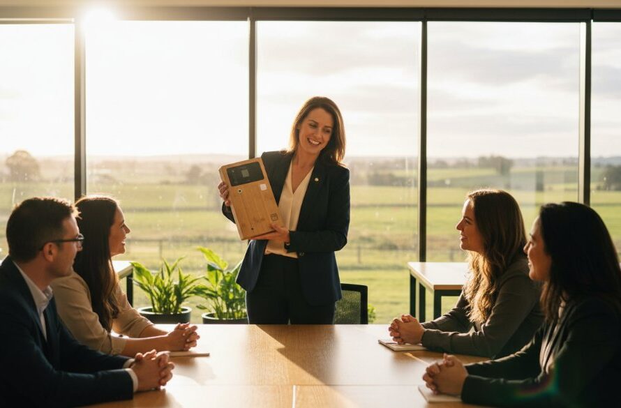 A dynamic, high-angle shot capturing Huntly Victoria bespoke corporate photography in action: a professional female entrepreneur confidently presenting her innovative product in a modern, sunlit office space, evoking trust and success, expertly lit for an epic cinematic feel.