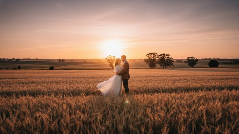 Huntly Victoria fine art photography for timeless rural elegance, showcasing a dramatically lit golden hour portrait of a couple embracing amidst a sun-drenched, rolling rural landscape near Huntly, Victoria, with a sense of calm and natural beauty.
