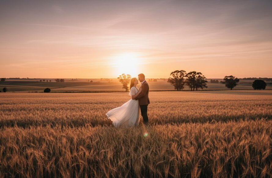 Huntly Victoria fine art photography for timeless rural elegance, showcasing a dramatically lit golden hour portrait of a couple embracing amidst a sun-drenched, rolling rural landscape near Huntly, Victoria, with a sense of calm and natural beauty.