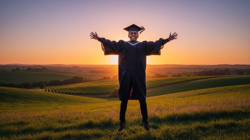 An emotionally resonant and visually stunning 'epic moment' photograph capturing a graduate in their cap and gown, joyfully tossing their mortarboard against a beautiful golden hour backdrop in a scenic rural part of Huntly, Victoria, during their professional Huntly Victoria graduation photography experience. The dramatic lighting highlights their silhouette and the vibrant colours of the sunset.