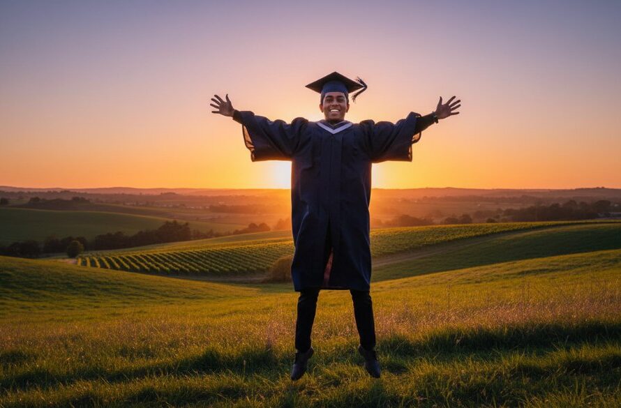 An emotionally resonant and visually stunning 'epic moment' photograph capturing a graduate in their cap and gown, joyfully tossing their mortarboard against a beautiful golden hour backdrop in a scenic rural part of Huntly, Victoria, during their professional Huntly Victoria graduation photography experience. The dramatic lighting highlights their silhouette and the vibrant colours of the sunset.