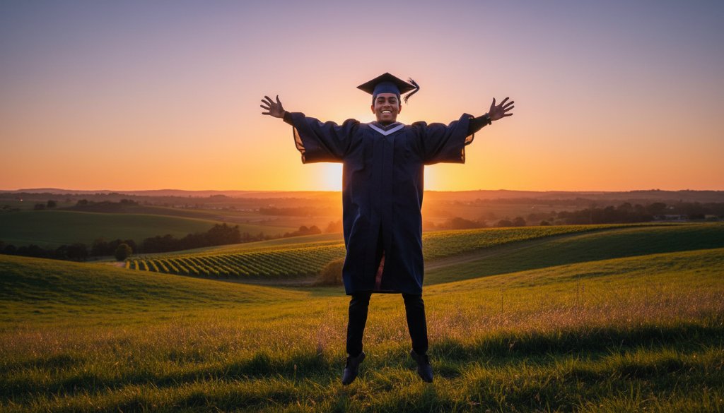 An emotionally resonant and visually stunning 'epic moment' photograph capturing a graduate in their cap and gown, joyfully tossing their mortarboard against a beautiful golden hour backdrop in a scenic rural part of Huntly, Victoria, during their professional Huntly Victoria graduation photography experience. The dramatic lighting highlights their silhouette and the vibrant colours of the sunset.