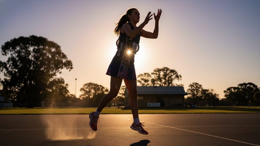 A dramatic, low-angle shot of a young soccer player in Huntly, Victoria, mid-kick with intense focus, dust rising, late afternoon sun backlighting the action, capturing an epic moment of raw passion in Huntly Victoria junior sports photography.