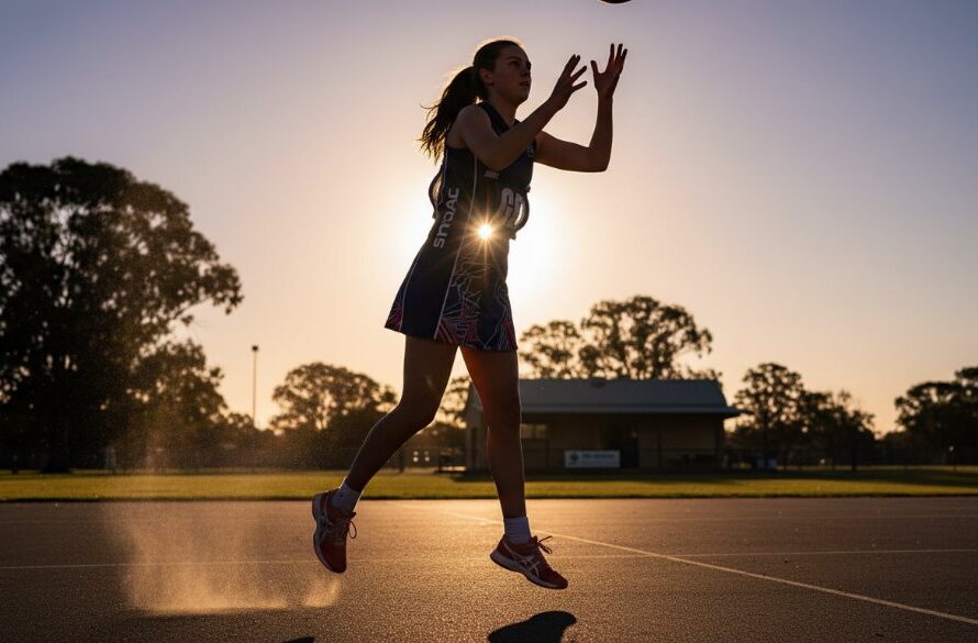 A dramatic, low-angle shot of a young soccer player in Huntly, Victoria, mid-kick with intense focus, dust rising, late afternoon sun backlighting the action, capturing an epic moment of raw passion in Huntly Victoria junior sports photography.