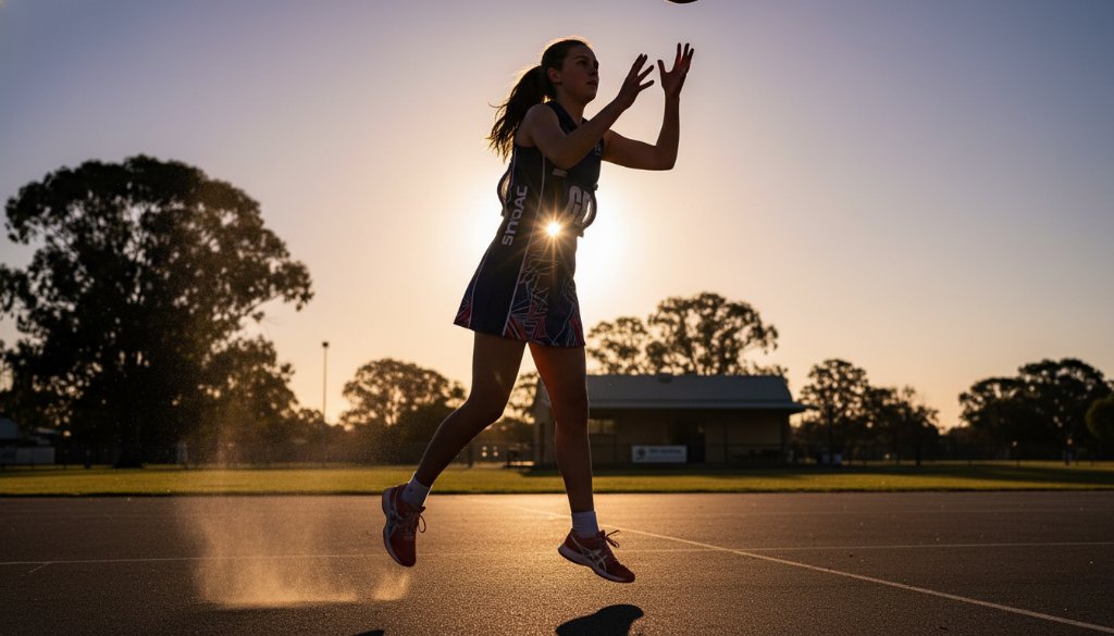 A dramatic, low-angle shot of a young soccer player in Huntly, Victoria, mid-kick with intense focus, dust rising, late afternoon sun backlighting the action, capturing an epic moment of raw passion in Huntly Victoria junior sports photography.