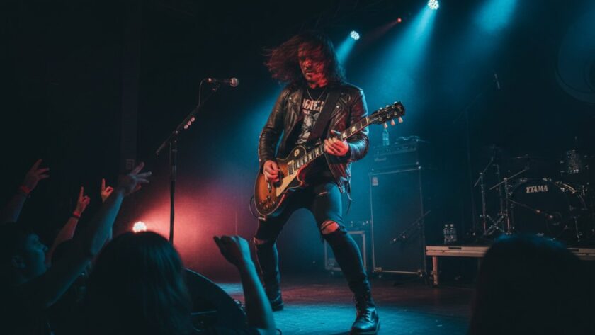 Dramatic shot capturing the intense energy of a rock band performing on stage in Huntly, Victoria, illuminated by vibrant stage lights, showcasing expert Huntly Victoria live music photography.