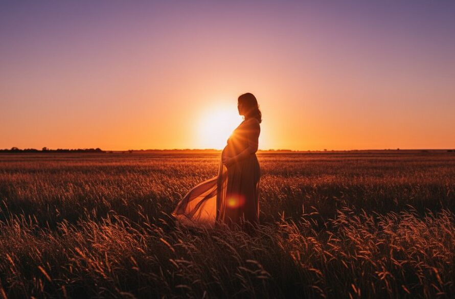An expectant mother silhouetted against a dramatic, fiery sunset over the Huntly plains, beautifully capturing the essence of Huntly Victoria maternity photography with stunning sunsets, showcasing an epic moment of natural beauty and maternal grace.