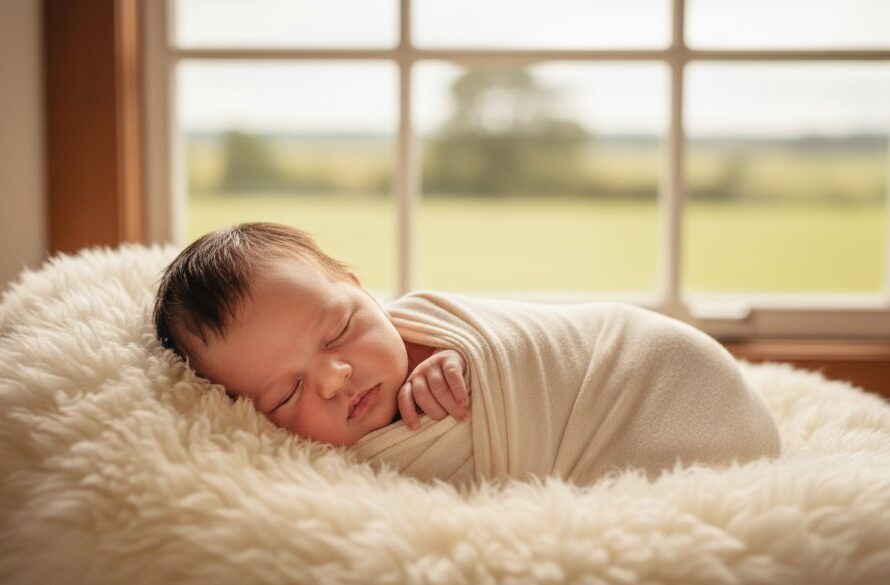 An angelic baby peacefully sleeping in a soft wrap, bathed in warm, ethereal light from a window in a rustic Huntly home, symbolizing cherished Huntly Victoria newborn photoshoot memories. The focus is on tiny fingers curled and delicate facial features, captured with a professional, cinematic touch.