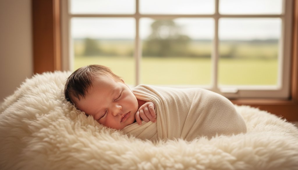 An angelic baby peacefully sleeping in a soft wrap, bathed in warm, ethereal light from a window in a rustic Huntly home, symbolizing cherished Huntly Victoria newborn photoshoot memories. The focus is on tiny fingers curled and delicate facial features, captured with a professional, cinematic touch.
