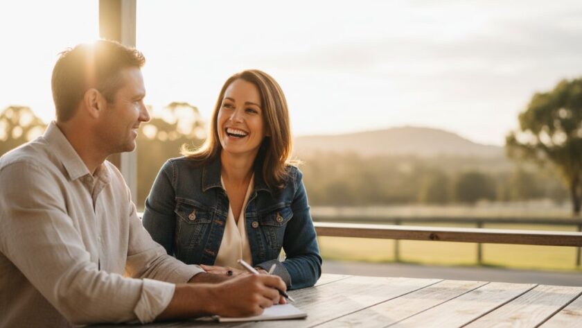 A confident female entrepreneur, radiating authenticity and professionalism, is captured in an epic moment, laughing genuinely while interacting with a client in a sun-drenched, rustic cafe setting in Huntly, Victoria, expertly showcasing Huntly Victoria personal branding photography services. The image features dramatic backlighting and professional colour grading.