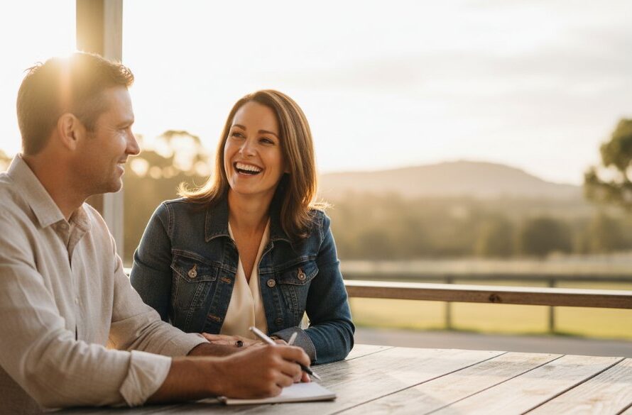 A confident female entrepreneur, radiating authenticity and professionalism, is captured in an epic moment, laughing genuinely while interacting with a client in a sun-drenched, rustic cafe setting in Huntly, Victoria, expertly showcasing Huntly Victoria personal branding photography services. The image features dramatic backlighting and professional colour grading.