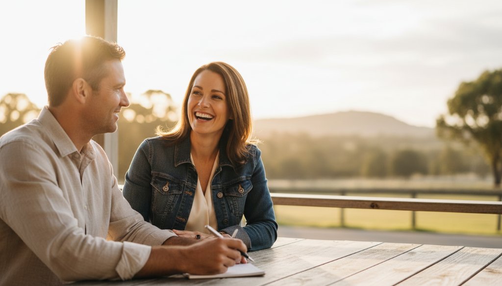 A confident female entrepreneur, radiating authenticity and professionalism, is captured in an epic moment, laughing genuinely while interacting with a client in a sun-drenched, rustic cafe setting in Huntly, Victoria, expertly showcasing Huntly Victoria personal branding photography services. The image features dramatic backlighting and professional colour grading.