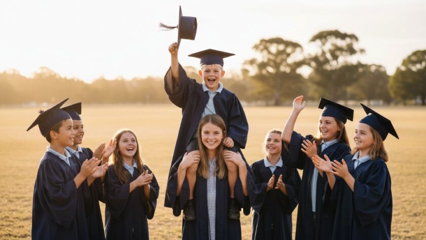 An epic moment of a young girl in a graduation gown throwing her cap in the air with pure joy against a golden sunset over the Huntly Recreation Reserve, captured with professional Huntly Victoria primary school graduation photography.
