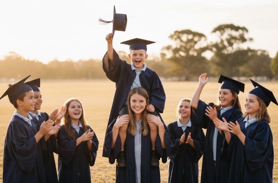 An epic moment of a young girl in a graduation gown throwing her cap in the air with pure joy against a golden sunset over the Huntly Recreation Reserve, captured with professional Huntly Victoria primary school graduation photography.