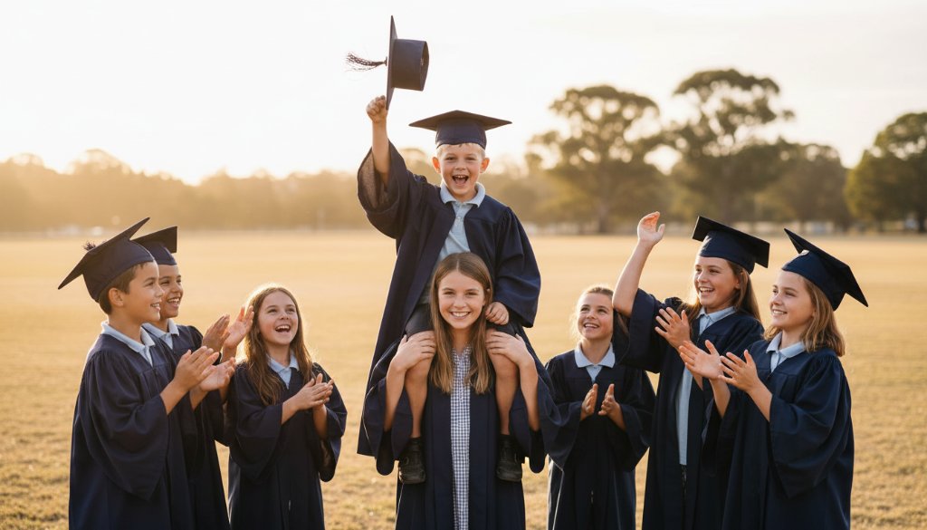An epic moment of a young girl in a graduation gown throwing her cap in the air with pure joy against a golden sunset over the Huntly Recreation Reserve, captured with professional Huntly Victoria primary school graduation photography.
