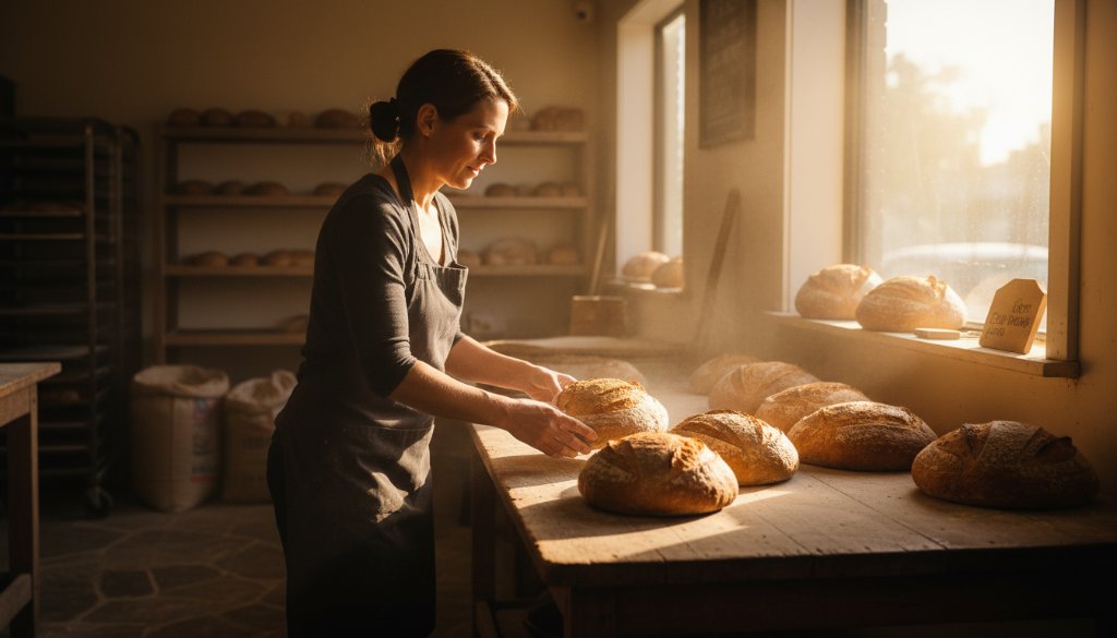 A vibrant, professionally composed shot showcasing the essence of Huntly Victoria professional commercial photography, featuring a local artisan passionately working on their craft, bathed in dramatic golden hour sunlight, highlighting their products with a dynamic, cinematic feel.