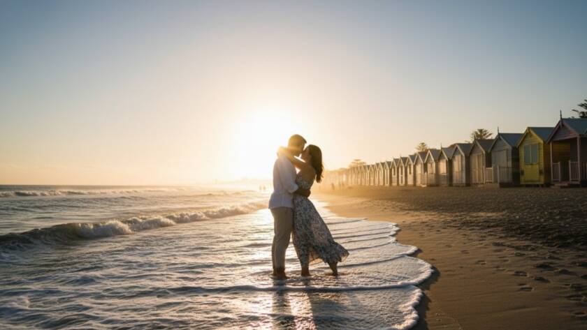 An iconic Brighton Beach pre-wedding photoshoot Victoria featuring a couple embracing passionately at sunset, silhouetted against the vibrant, colourful Bathing Boxes as waves gently lap the shore, captured with dramatic lighting and professional colour grading.