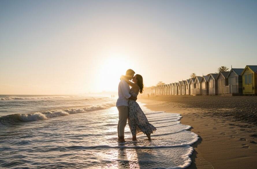 An iconic Brighton Beach pre-wedding photoshoot Victoria featuring a couple embracing passionately at sunset, silhouetted against the vibrant, colourful Bathing Boxes as waves gently lap the shore, captured with dramatic lighting and professional colour grading.