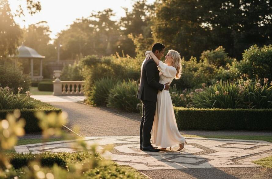 An iconic Glen Iris engagement photography Melbourne moment: a joyous couple embracing at sunset in a vibrant Glen Iris park, with dramatic backlighting and soft bokeh, showcasing their genuine connection.