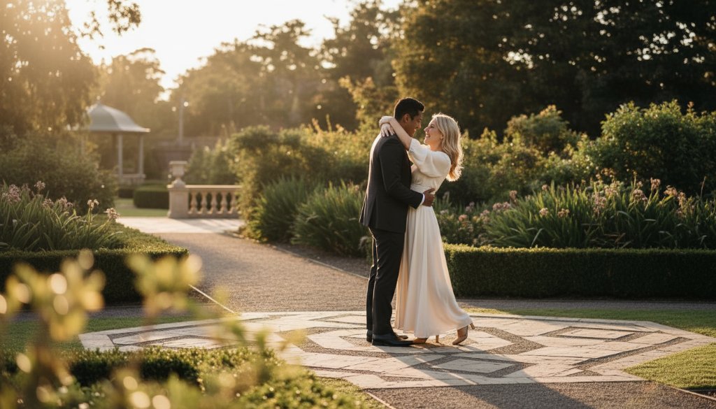 An iconic Glen Iris engagement photography Melbourne moment: a joyous couple embracing at sunset in a vibrant Glen Iris park, with dramatic backlighting and soft bokeh, showcasing their genuine connection.